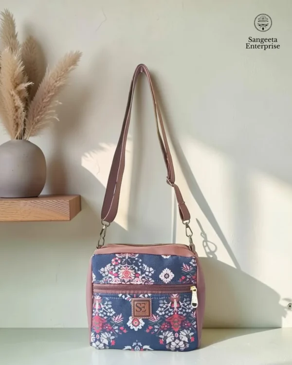 Jute premium square bag – navy and red floral print Jute premium square bag in navy and red floral print, made by Sangeeta Enterprise, Nagpur