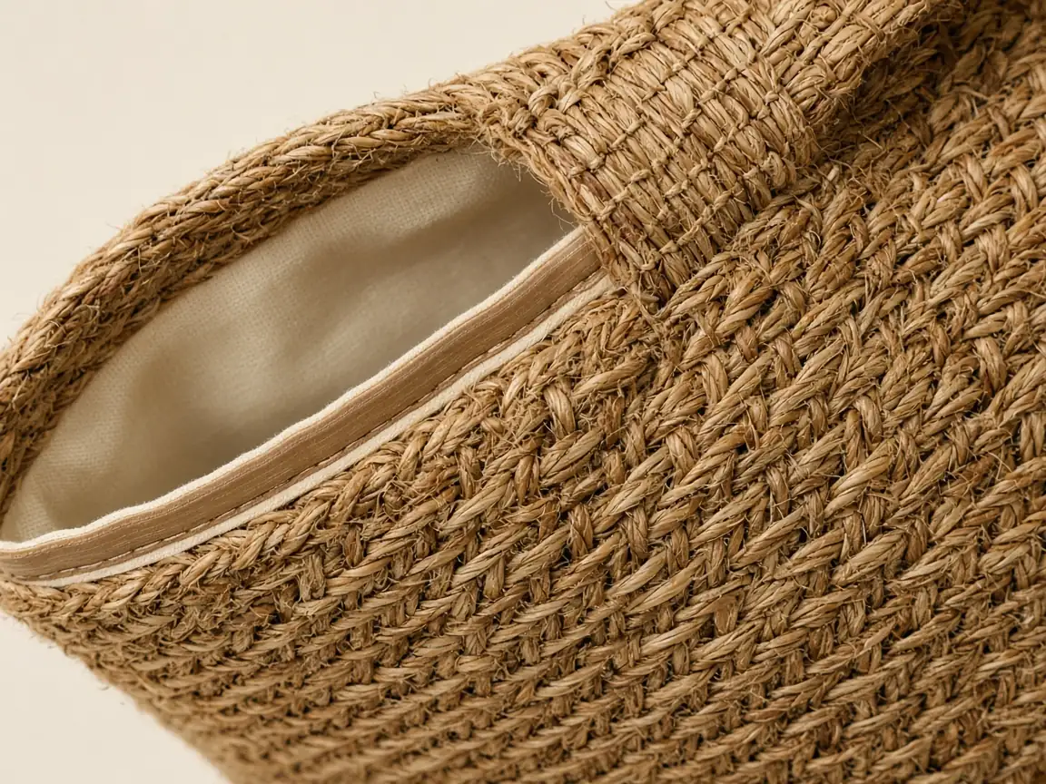 Close-up of woven jute texture with inner lining