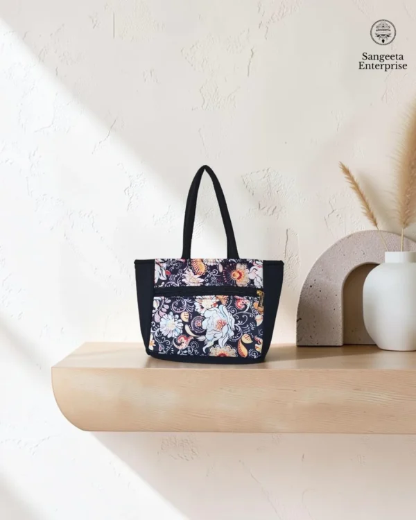 Kitty handy bag in navy floral bouquet print, made by Sangeeta Enterprise, Nagpur