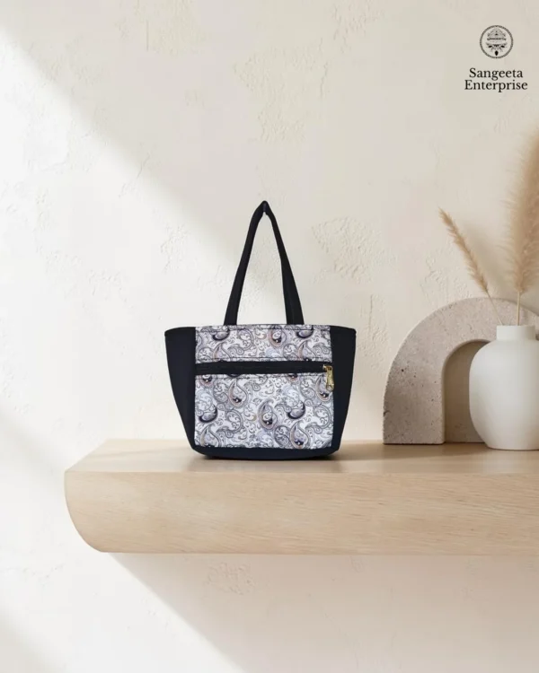 Kitty handy bag in grey and white paisley print, made by Sangeeta Enterprise, Nagpur