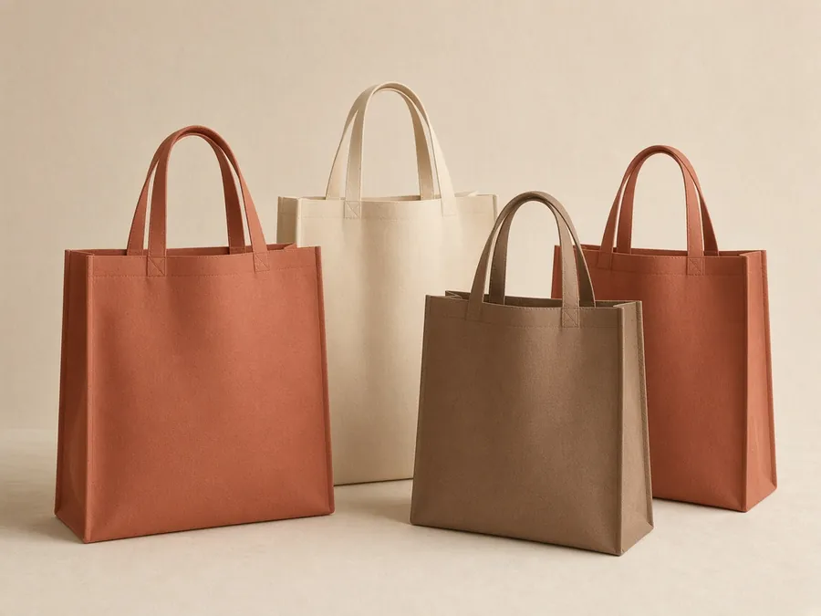 Non-woven shopping bags in terracotta, cream and brown