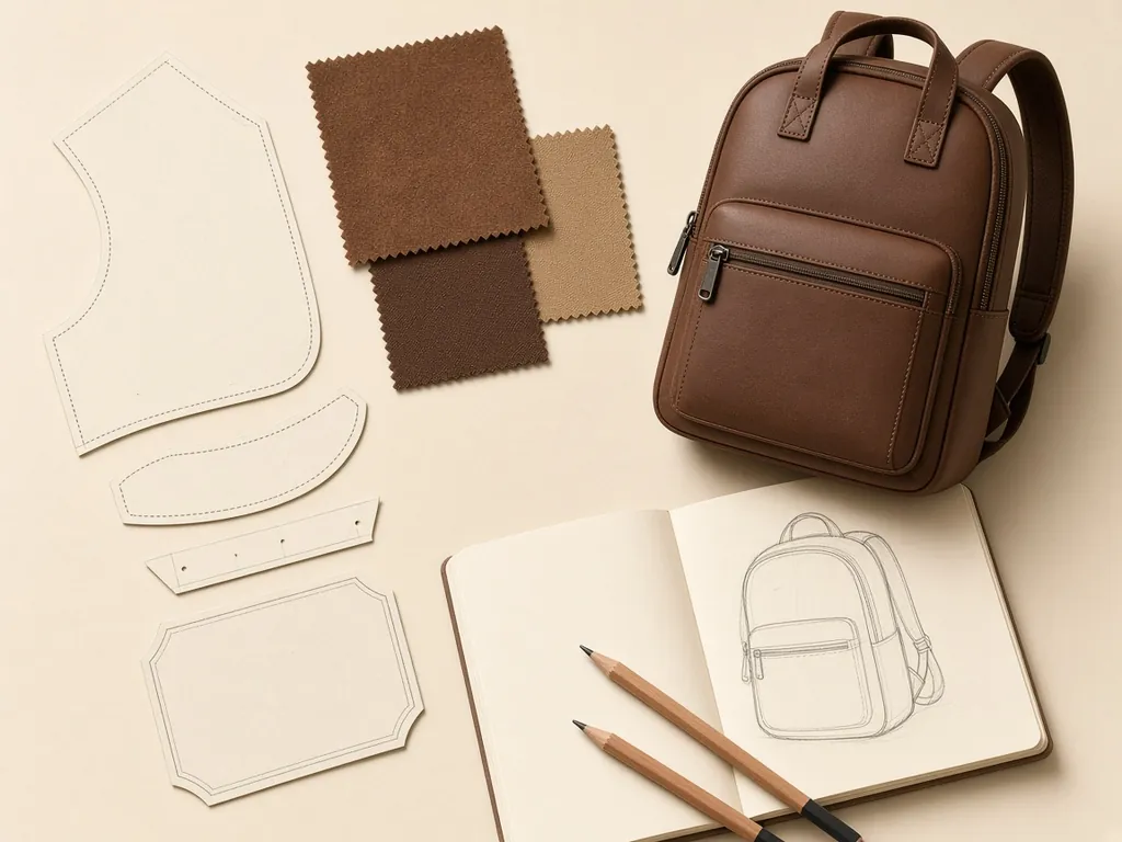 OEM bag sample development: backpack sample with pattern pieces, swatches and sketch
