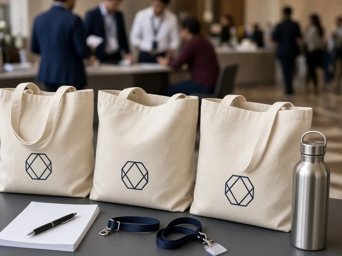 Custom printed promotional bags: printed canvas tote bags on an event registration desk
