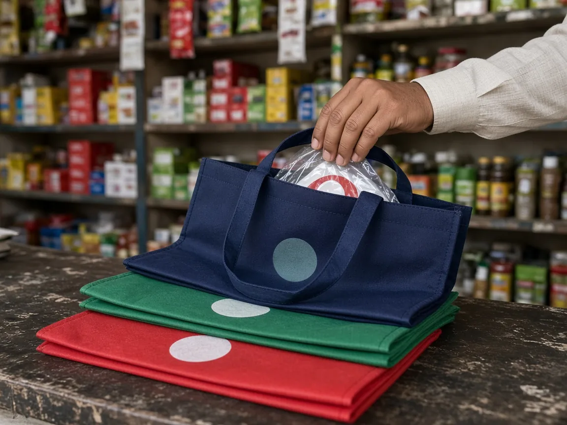 Custom printed promotional bags: printed non-woven carry bags on an Indian shop counter