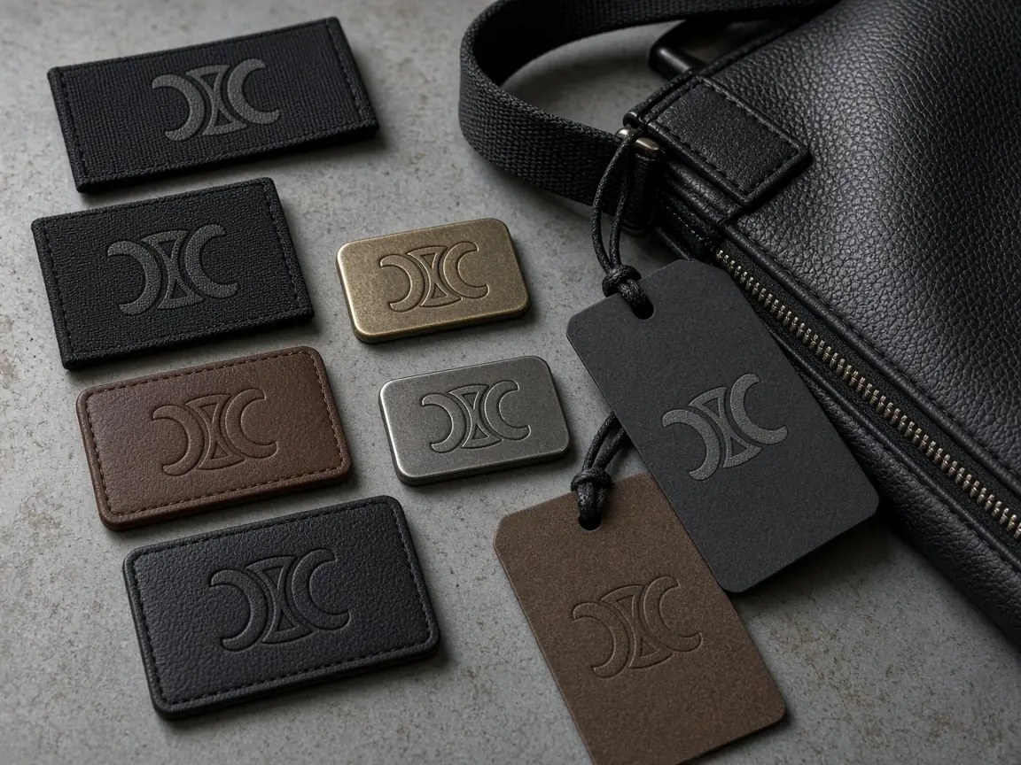 Custom woven labels, leather patches, metal logo plates and swing tags for private label bags