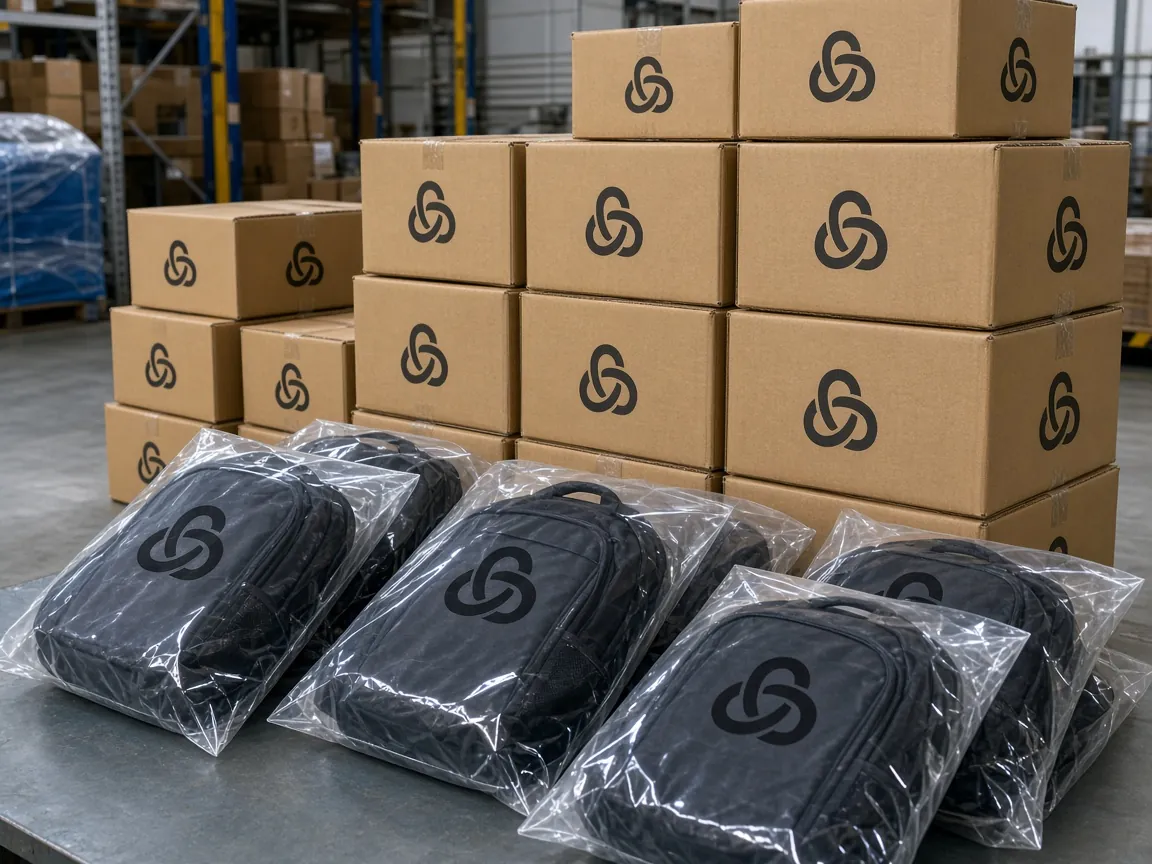Private label backpacks in branded polybags and cartons ready for dispatch