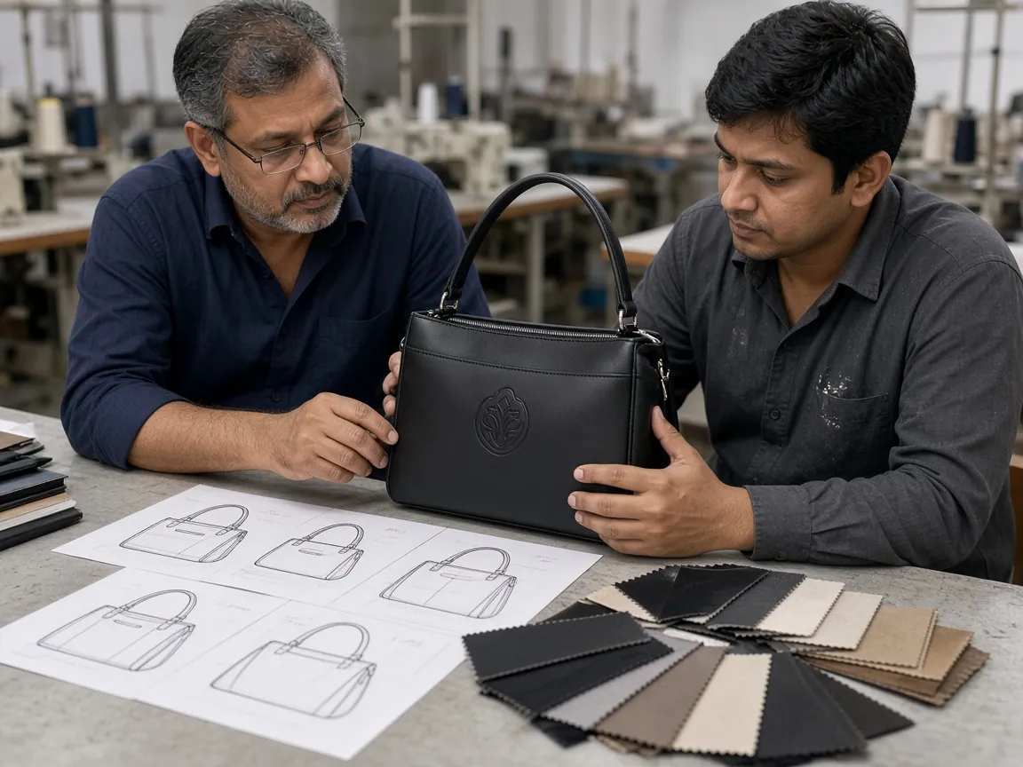 Brand owner and sample maker reviewing a private label handbag sample with sketches and swatches