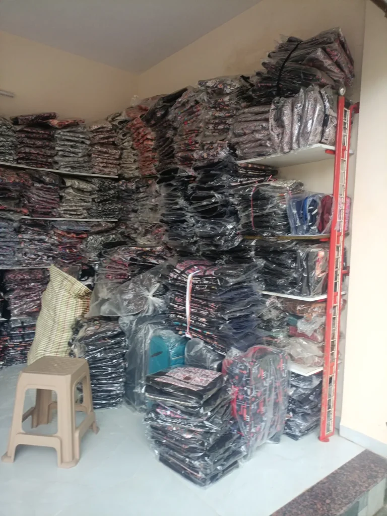 Shelves stacked with finished bags at the Sangeeta Enterprise outlet, Nagpur