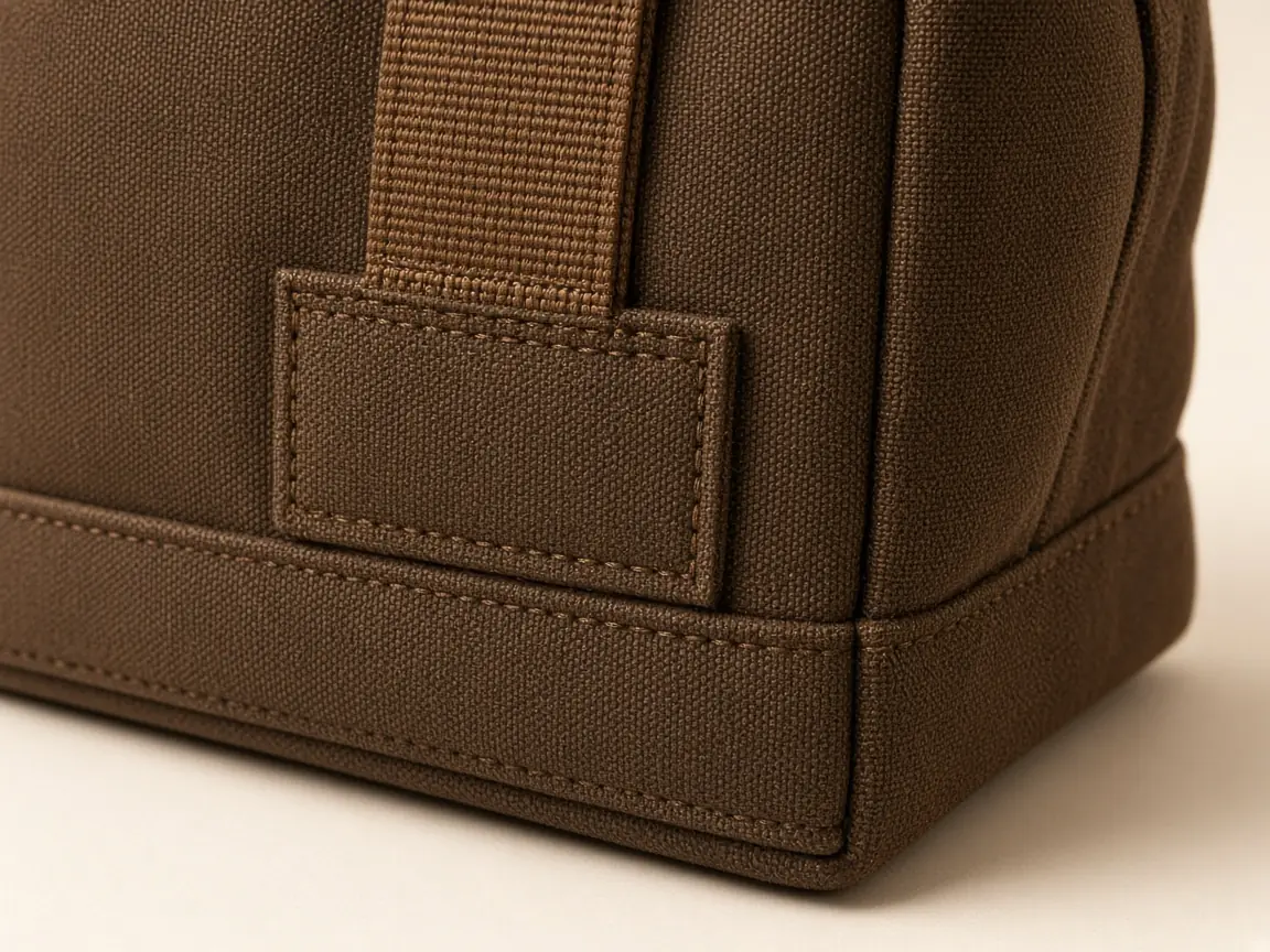 Reinforced base and stitched handle patch on a tool bag