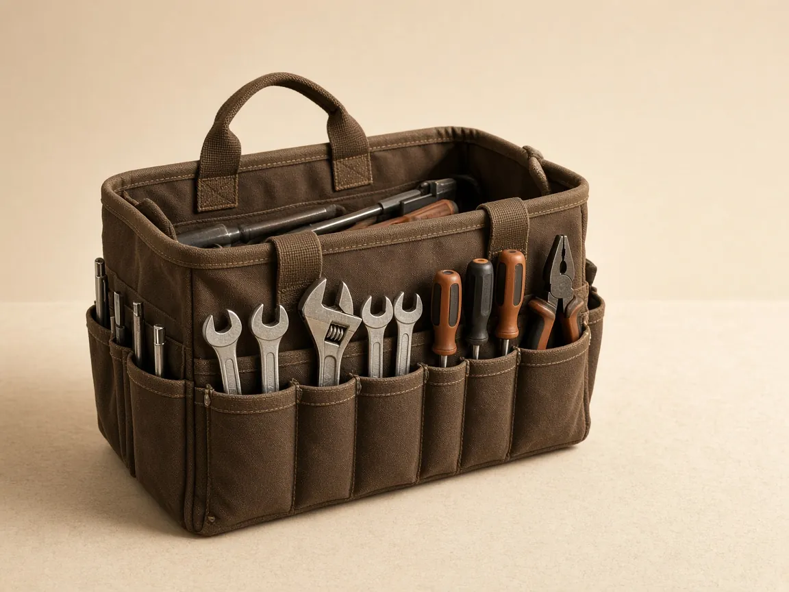 Brown canvas service toolbag with hand tools from a tool bags manufacturer