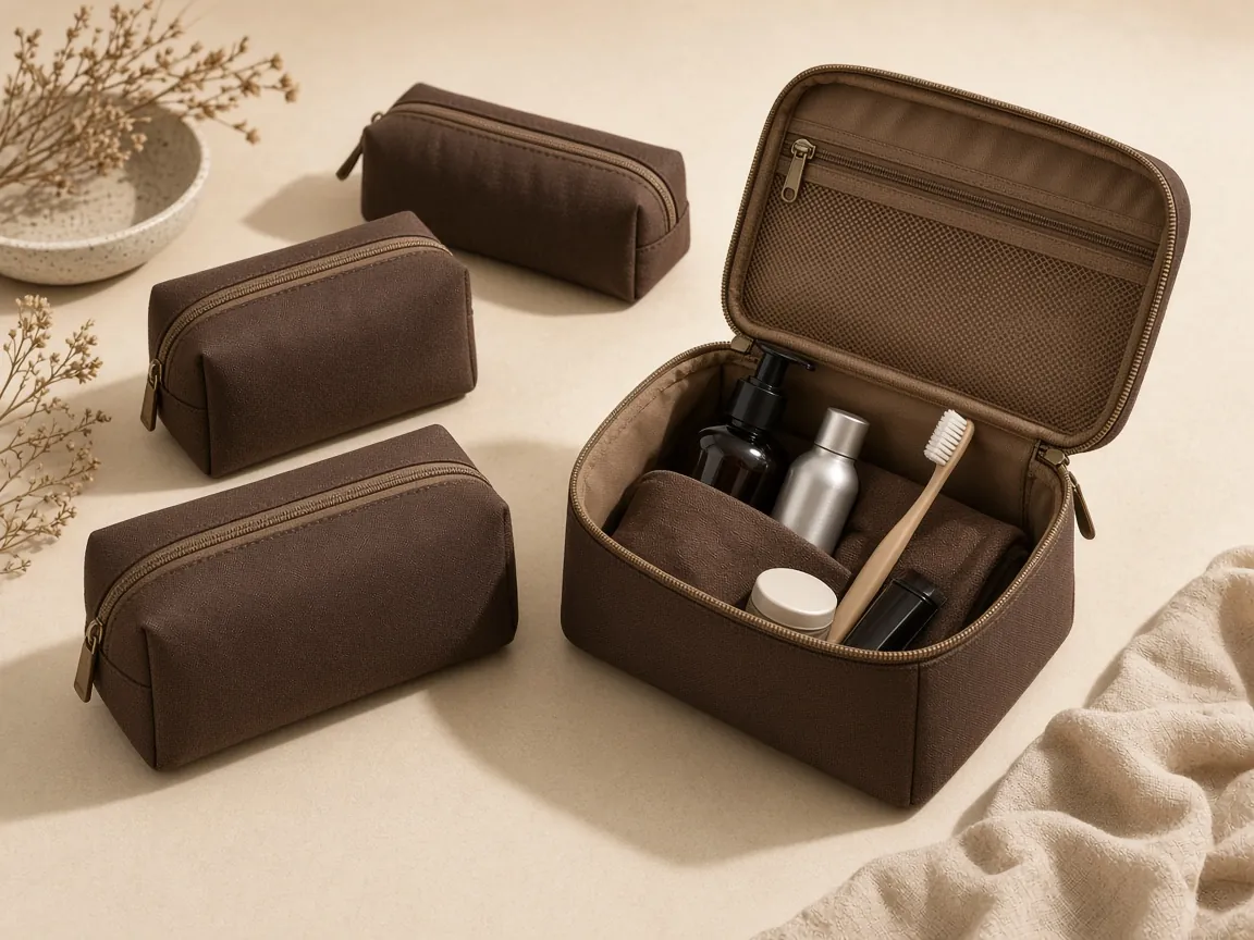 Brown toiletry kits and travel organiser pouches