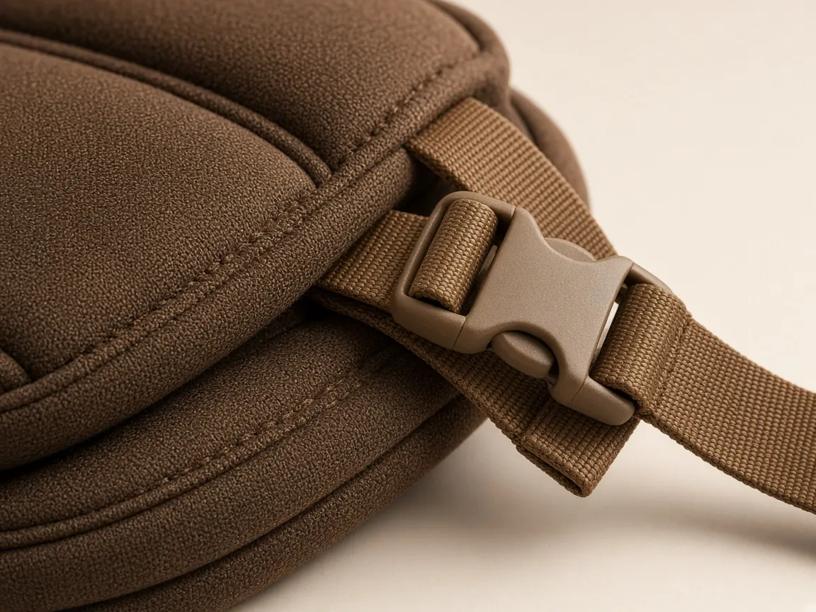 Close-up of trekking bag buckle and webbing straps
