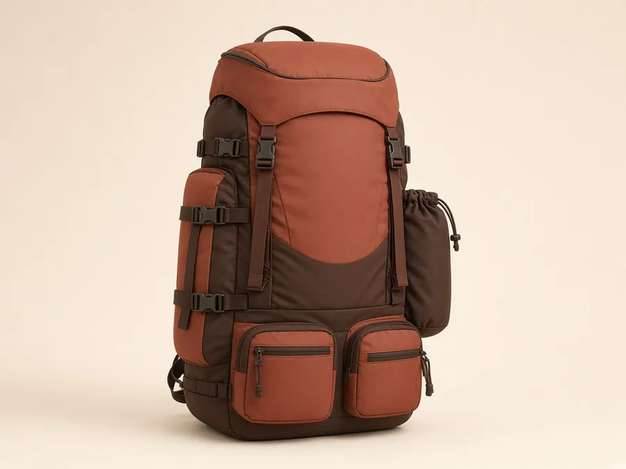 Terracotta trekking rucksack with compression straps and pockets