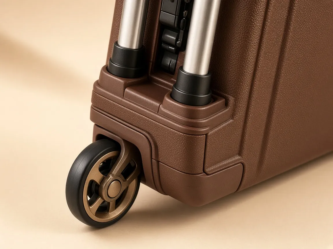 Close-up of trolley bag spinner wheel and telescopic handle