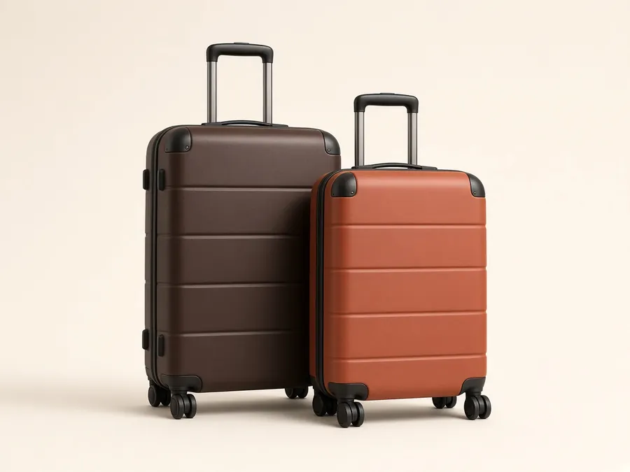 Brown and terracotta hard-shell trolley bags with spinner wheels